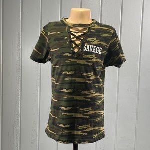 *NWOT On Fire Junior’s SAVAGE Camu Crisscross Top Sz S